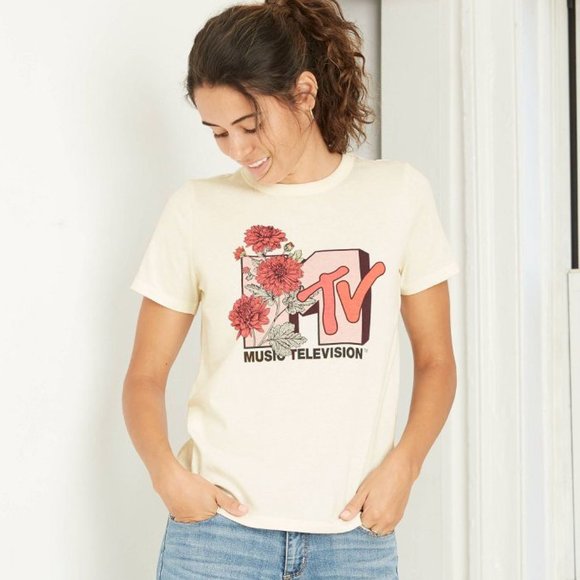 MTV Tops - Women's MTV Floral Print Logo Short Sleeve Graphic T-Shirt